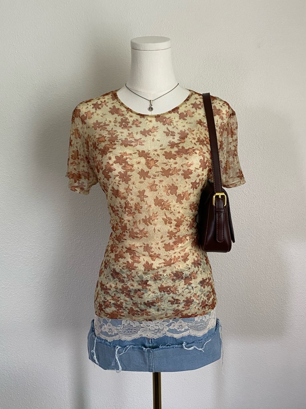 Vintage Y2K Limited America Sheer Mesh Leaves Short Sleeve Top Made in USA